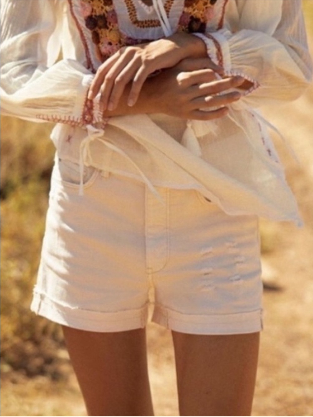 Anthropologie Pilcro Cream High-Rise Denim Jean Shorts with Cuffed Hem Detressed